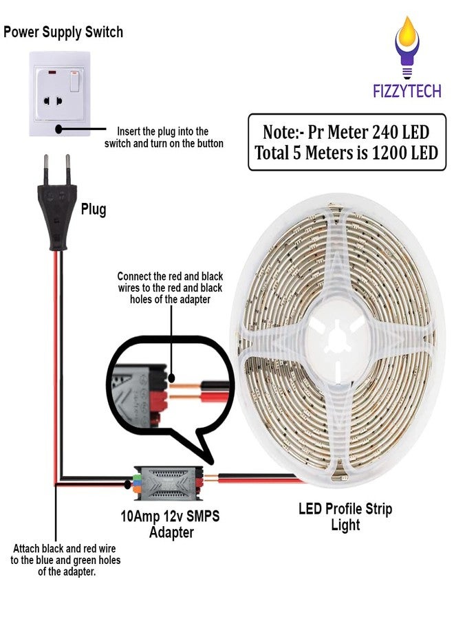 fizzytech 5M White LED Strip Light - 240 LEDs/Meter, 1200 LEDs Total, High Brightness Decorative Lighting for Home & Room Décor (White-1200 LED 5 Meter Strip Lights with Adpter) - Image 3
