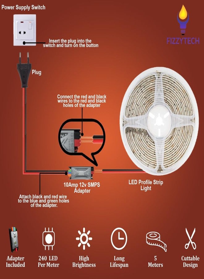 fizzytech 5M White LED Strip Light - 240 LEDs/Meter, 1200 LEDs Total, High Brightness Decorative Lighting for Home & Room Décor (White-1200 LED 5 Meter Strip Lights with Adpter) - Image 2
