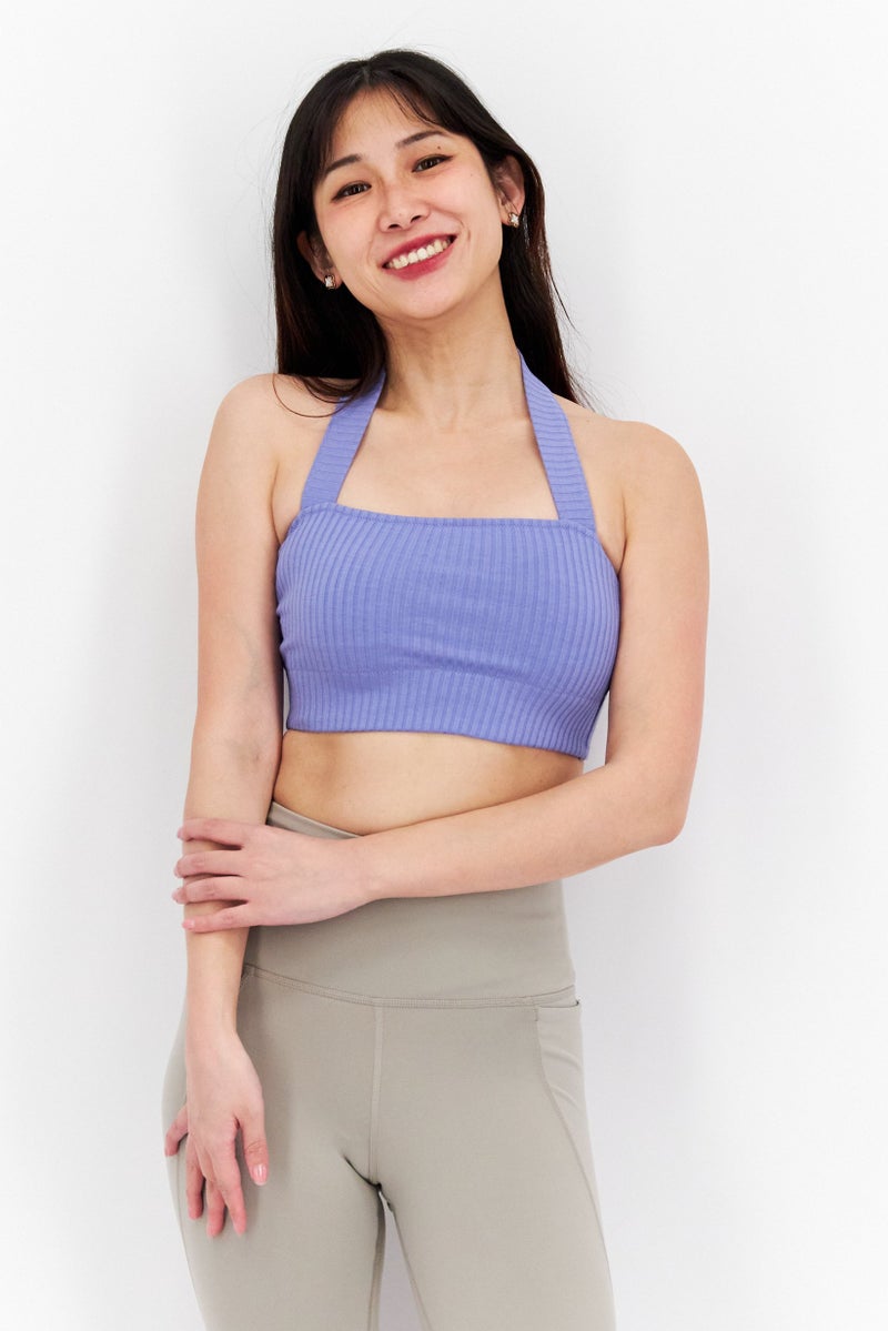 Etam Women Halter Neck Sleeveless Solid Crop Top, Lilac - Image 1