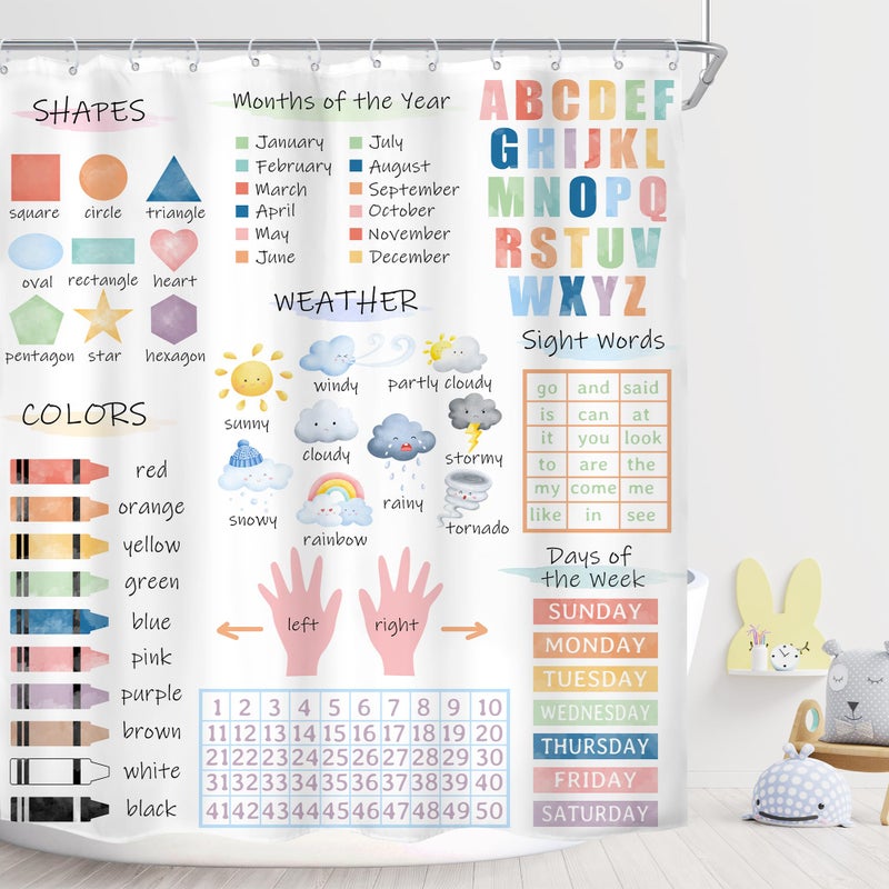 Imirell Kids Educational Shower Curtain 60Wx72H Inches Boho Watercolor Alphabet Pastel Numbers Shapes Colors Weather Knowledge Child Nursery Bathroom Home Decor Polyester Fabric 12 Plastic Hooks