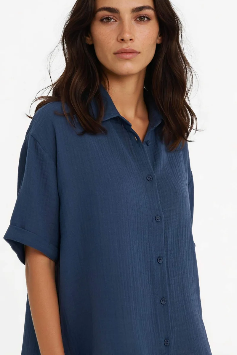 ديفاكتو Regular Fit Shirt Collar Muslin Short Sleeve Shirt