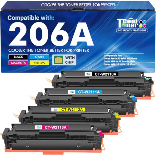 Cool Toner 206A Toner Cartridges 4 Pack M283fdw M283cdw Set Compatible for HP 206A 206X 206 Color LaserJet Pro MFP M255dw M283 M255 M255nw Printer High Yield Ink (with Chip) (Black Cyan Yellow Magenta) - Image 1