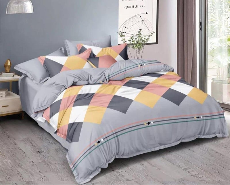 Sky Tex Light Grey Color 300 TC Glace Cotton Geometric Printed Double Bed Comforter Set (1 Comforter, 1 Bed Sheet & 2 Pillow Covers)