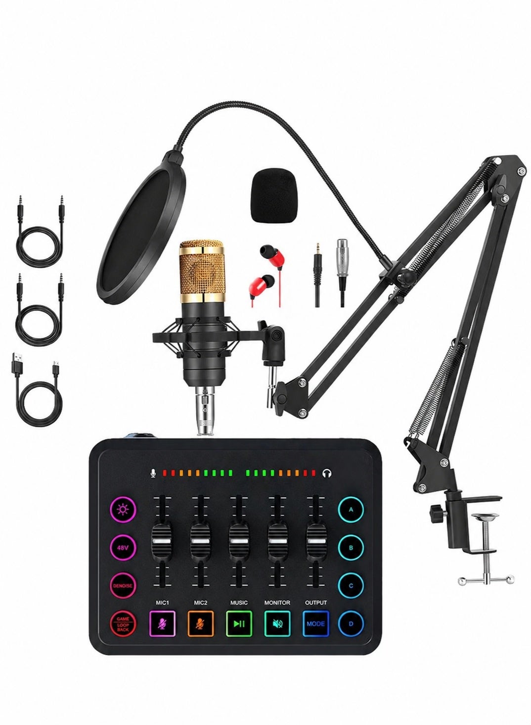 Podcast Equipment Bundle, Audio Interface with Voice Changer and Condenser Microphone, Recording Studio Package Perfect for Recording, Broadcasting, Live Streaming, YouTube, TikTok, Gloden