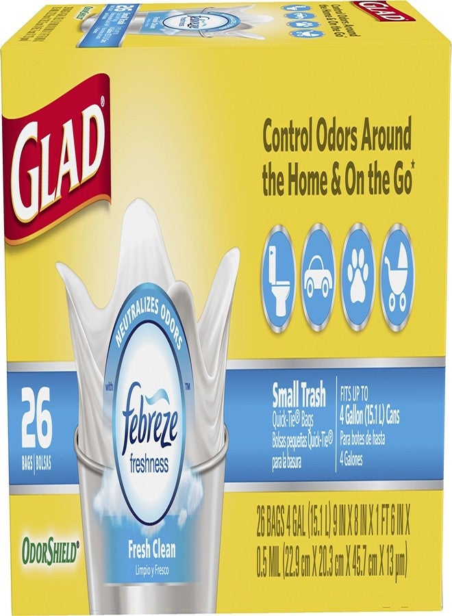 Glad Small Trash Bags 4 Gallon, Febreze Fresh Clean Garbage Bags, Odor Resistant with Quick Tie, 26 Count - Image 1