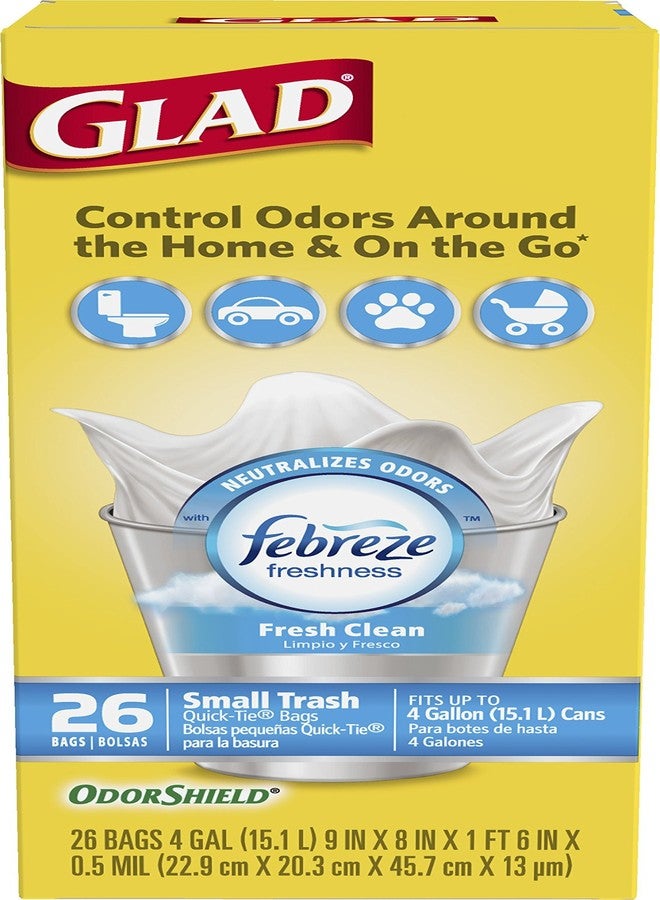 Glad Small Trash Bags 4 Gallon, Febreze Fresh Clean Garbage Bags, Odor Resistant with Quick Tie, 26 Count - Image 4