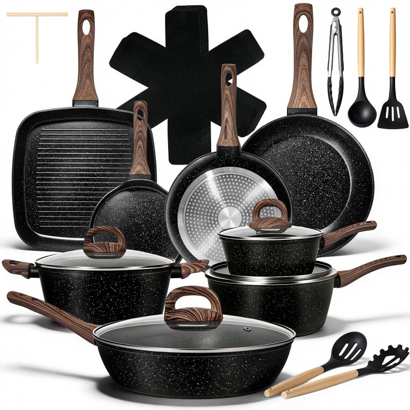 EWFEN 25 Pcs Pots and Pans Set, Nonstick Ceramic Cookware Sets, Healthy Non-Toxic, Large Capacity, Induction Compatible, Cooking Set with Frying Pans & Saucepans, PFAS/PTFE/PFOA Free, Classic Black - Image 1