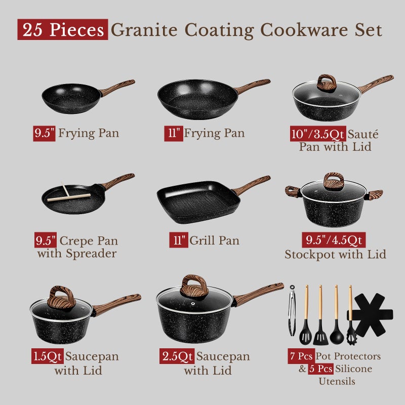 EWFEN 25 Pcs Pots and Pans Set, Nonstick Ceramic Cookware Sets, Healthy Non-Toxic, Large Capacity, Induction Compatible, Cooking Set with Frying Pans & Saucepans, PFAS/PTFE/PFOA Free, Classic Black - Image 2