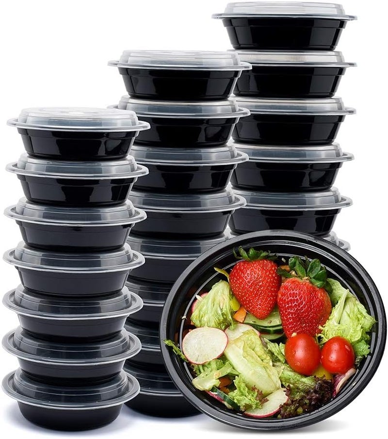 SANWALSA [500 ml (16oz) 25 Count, Round, Black Reusable Plastic Food Storage Containers with Lid | Airtight, Microwave Safe Containers | Perfect for Meal Prep, Storage, Takeaway & Food Delivery - Image 1