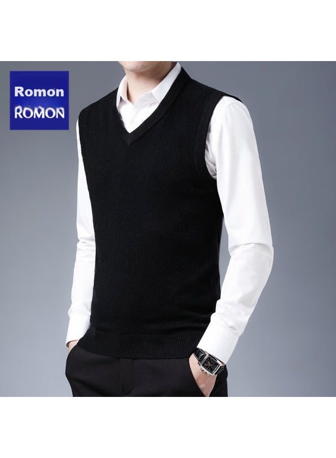 ROMON Luomeng Wool Vest For Men, Autumn And Winter Solid Color Pullover V-neck Knit Sweater, Sleeveless Sweater, Men's Clothing, Rmi5, Black, Xl  - Image 3