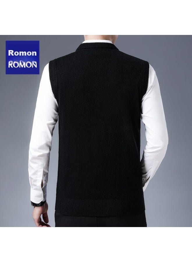 ROMON Luomeng Wool Vest For Men, Autumn And Winter Solid Color Pullover V-neck Knit Sweater, Sleeveless Sweater, Men's Clothing, Rmi5, Black, Xl  - Image 2