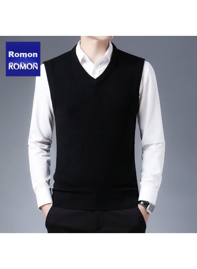 ROMON Luomeng Wool Vest For Men, Autumn And Winter Solid Color Pullover V-neck Knit Sweater, Sleeveless Sweater, Men's Clothing, Rmi5, Black, Xl  - Image 1