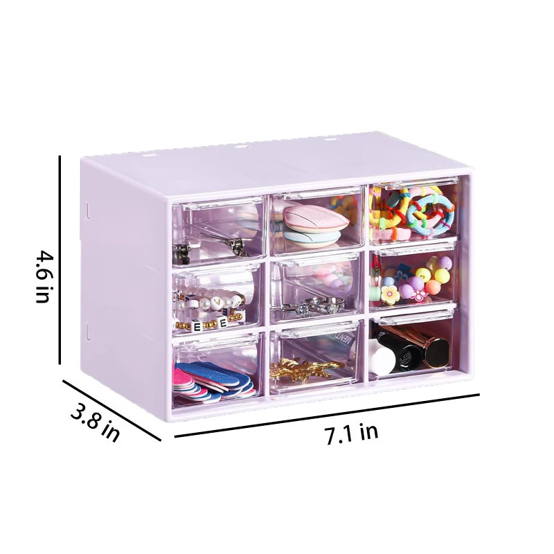 LIPCHEEGO Small Drawer Organizer for Desk, 7.1" x 3. 8" x 4.6" Mini Desktop Drawer Organizer with 9 Clear Drawers, Plastic Desktop Craft Storage Box for Desk Office School Home (Purple) - Image 3