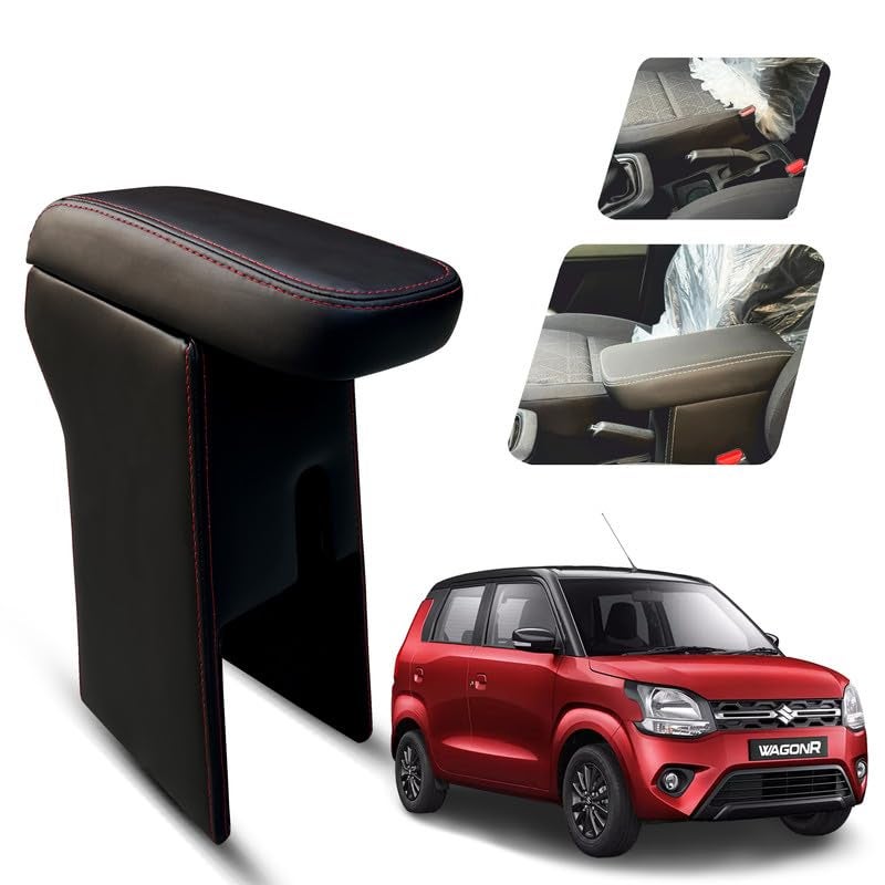 Carigiri Premium Finish Car Armrest for Maruti Suzuki New WagonR with Moulded Foam And Storage Compartment (Nappa Leatherette,Double Stitching)(Models-2019-2024) (Red Seam) - Image 1