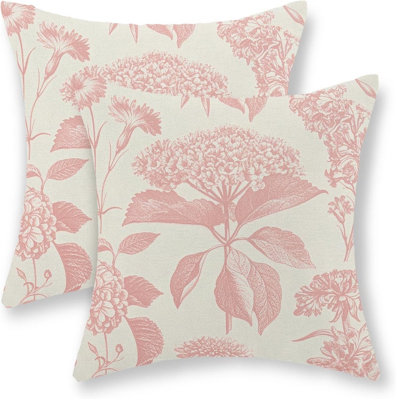 GOLIANDA Pink Pillow Covers 18x18 Set of 2 Boho Floral Throw Pillow Cover Hydrangea Herbs Botanical Decoration Pillowcase Farmhouse Vintage Flower Linen Cushion Case Outdoor Decorative for Couch Sofa - Image 1