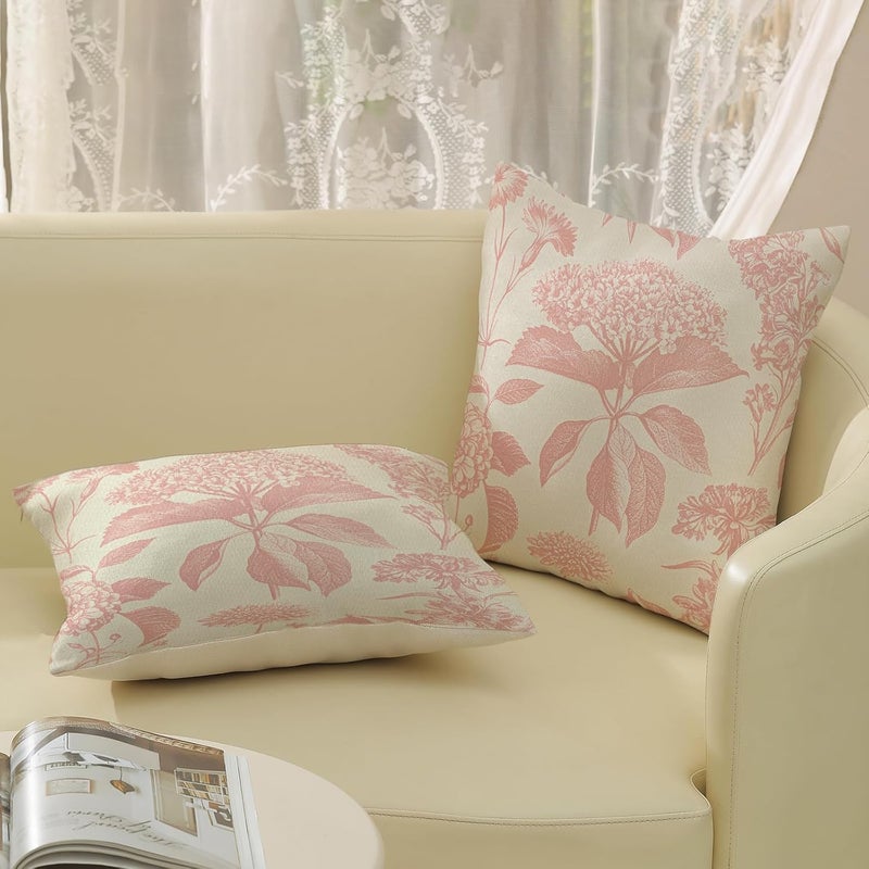 GOLIANDA Pink Pillow Covers 18x18 Set of 2 Boho Floral Throw Pillow Cover Hydrangea Herbs Botanical Decoration Pillowcase Farmhouse Vintage Flower Linen Cushion Case Outdoor Decorative for Couch Sofa - Image 5