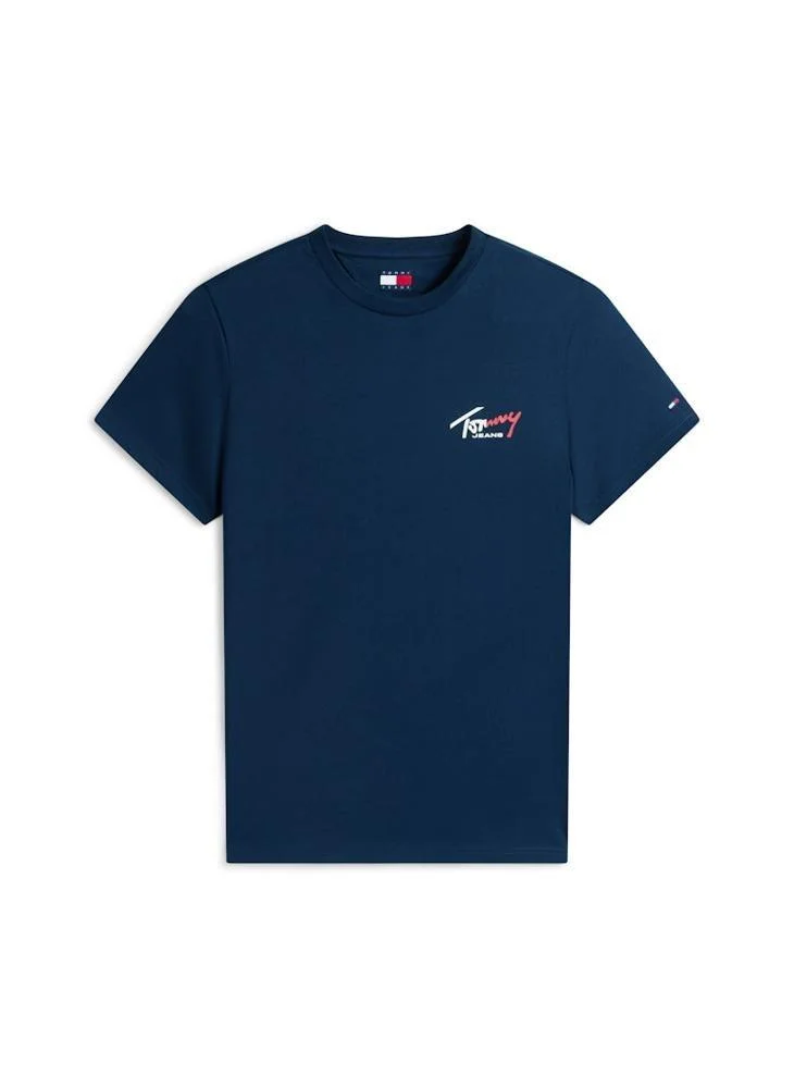 Tommy Jeans Dark Night Navy Signature Logo Slim Jersey T-Shirt for Men | Best Price UAE