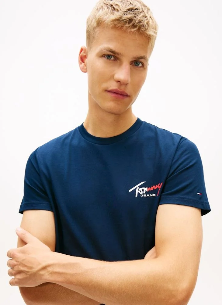 Tommy Jeans Dark Night Navy Signature Logo Slim Jersey T-Shirt for Men | Best Price UAE