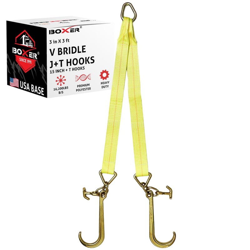 Boxer Tow Straps V Bridle 3â€ x 36â€ with J Hook, T-J Hook, Reinforced Webbing, Recovery V Strap, Rollback, Car Hauler, Towing â€“ B/S 16,200lbs - Image 1