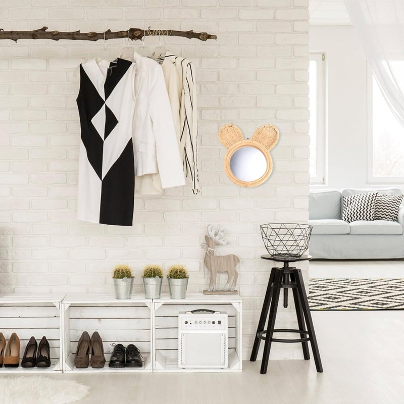 مرآة مكياج مصنوعة من الخيزران المنسوج، على شكل أرنب، مثبتة على الحائط، مصنوعة يدويًا، ذات طابع عتيق، مناسبة لديكور غرفة النوم أو الحمام أو مدخل المنزل - Image 4