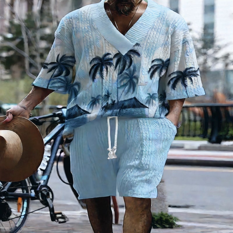 Men's Oversized Knit Short Sleeve T-Shirt and Shorts Set 3D Plaid Print Tracksuit - Image 2