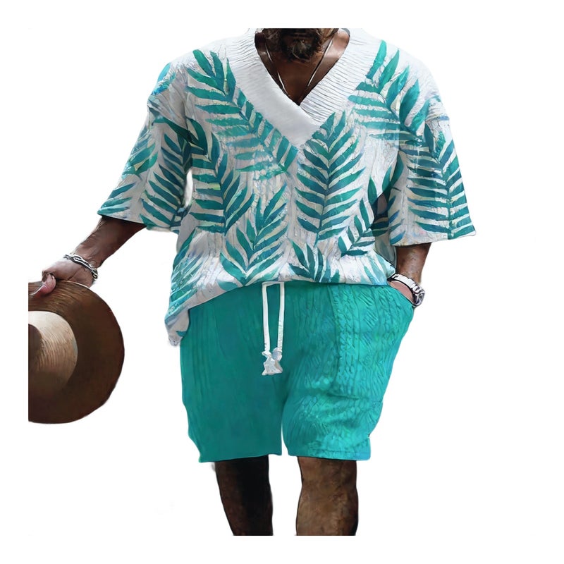 Men's Oversized Knit Short Sleeve T-Shirt and Shorts Set 3D Plaid Print Tracksuit - Image 1