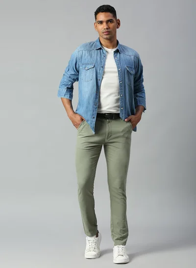 Dennis Lingo Men's Tapered Fit Sage Cotton Chinos - Mid-Rise, Full Length, Button & Zip Closure,