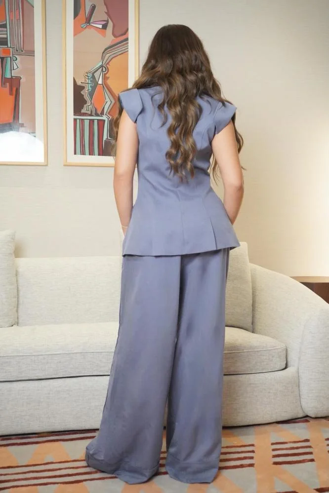 Opera Fashion Blue Crepe Blazer and Wide-Leg Pants Set