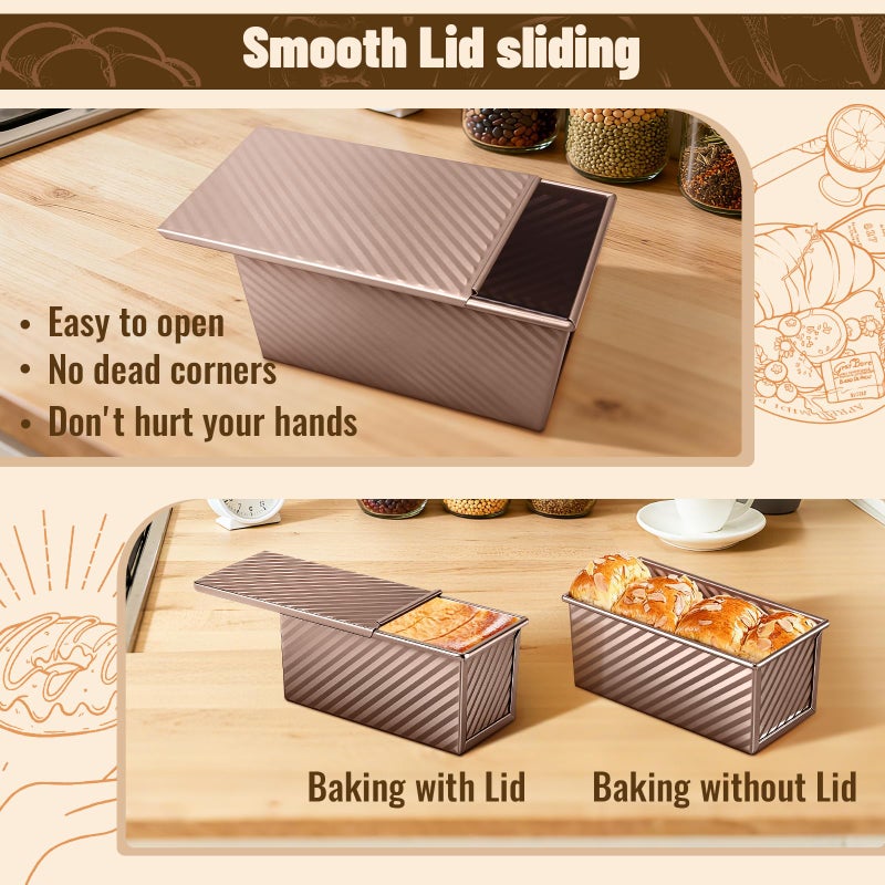 Baishun 3 Pack Pullman Loaf Pans with Lids, 2.2LB 1LB 0.5LB Bread Pans, Non-stick Carbon Steel Bread Pans for Homemade Sandwich and Baking Sourdough Bread, Corrugated Toast Mold, Golden - Image 3
