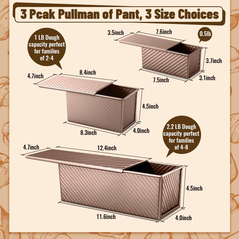 Baishun 3 Pack Pullman Loaf Pans with Lids, 2.2LB 1LB 0.5LB Bread Pans, Non-stick Carbon Steel Bread Pans for Homemade Sandwich and Baking Sourdough Bread, Corrugated Toast Mold, Golden - Image 2
