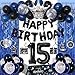 Purtarly 15th Birthday Decorations for Boys Girls Blue Black Happy 15th Birthday Decorations Boy 15 Year Old Birthday Balloons Banner Tablecloth Fringe Curtains Hanging Swirls Boy 15 Bday Party Decor - Image 3