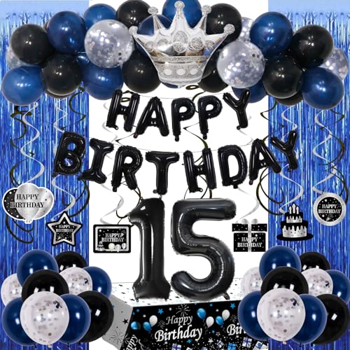 Purtarly 15th Birthday Decorations for Boys Girls Blue Black Happy 15th Birthday Decorations Boy 15 Year Old Birthday Balloons Banner Tablecloth Fringe Curtains Hanging Swirls Boy 15 Bday Party Decor - Image 1