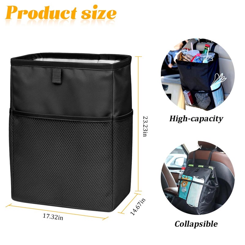 FALVFUN Car Trash Bag, Leak-Proof Large Capacity 3.4 Gallons Hanging Vehicle Trash Bin with Storage Pocket, Multipurpose Portable Auto Garbage Bag for Travel, Universal Fit (Black) - Image 2