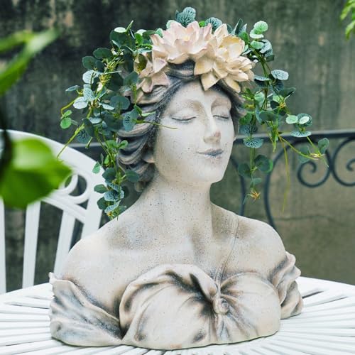 LC LCdecohome Head Planter Face Flower Pot - Lily Pond Goddess Planter 9 Inch Garden Resin Face Planter with Drainage Hole Plants Pot for Indoor and Outdoor Plant Closed Eyes 15 * 9 * 16 Inch - Image 1