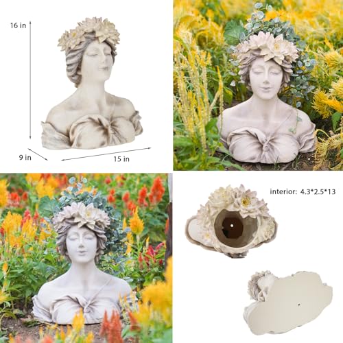 LC LCdecohome Head Planter Face Flower Pot - Lily Pond Goddess Planter 9 Inch Garden Resin Face Planter with Drainage Hole Plants Pot for Indoor and Outdoor Plant Closed Eyes 15 * 9 * 16 Inch - Image 4