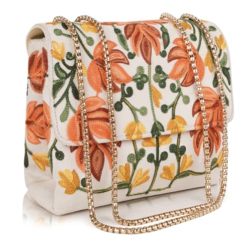 EVEDA Women Floral Embroidered Sling Bag With Gold Chain Straps (Beige) - Image 1