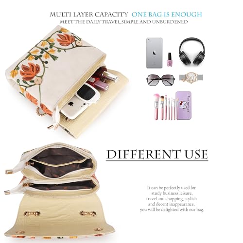 EVEDA Women Floral Embroidered Sling Bag With Gold Chain Straps (Beige) - Image 4