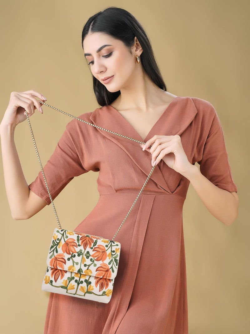 EVEDA Women Floral Embroidered Sling Bag With Gold Chain Straps (Beige) - Image 2