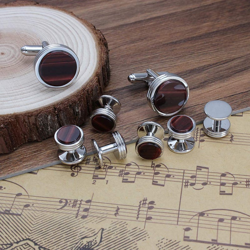 HAWSON Mens Cufflinks and Studs Set for Tuxedo Shirt Mother of Pearl with a Gift Box (Tiger Eye Stone) - Image 5