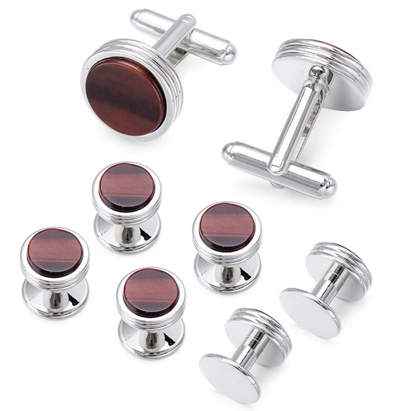 HAWSON Mens Cufflinks and Studs Set for Tuxedo Shirt Mother of Pearl with a Gift Box (Tiger Eye Stone) - Image 1