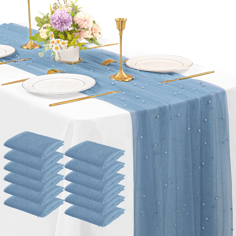 Fivenl 12 Pack 10FT Pearl Table Runner 30x120 Inch Dusty Blue Tulle Fabric Boho Rustic Sheer Table Runners Lace Table Cloth for Wedding Bridal Shower Birthday Party Arch Veil Dessert Table Decor (Dusty Blue) - Image 1
