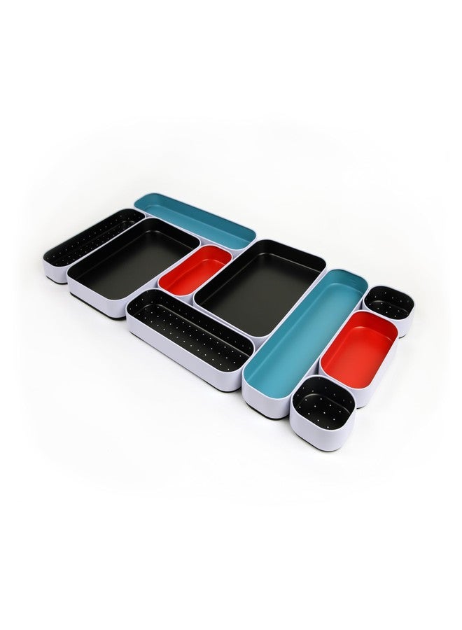 Three by Three Seattle 10 Piece Metal Organizer Tray Set for Storing Makeup, Stationery, Utensils, and More in Office Desk, Kitchen and Bathroom Drawers (1 Inch, Blue Black Red and Dots) - Image 1