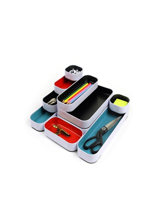 Three by Three Seattle 10 Piece Metal Organizer Tray Set for Storing Makeup, Stationery, Utensils, and More in Office Desk, Kitchen and Bathroom Drawers (1 Inch, Blue Black Red and Dots) - Image 4
