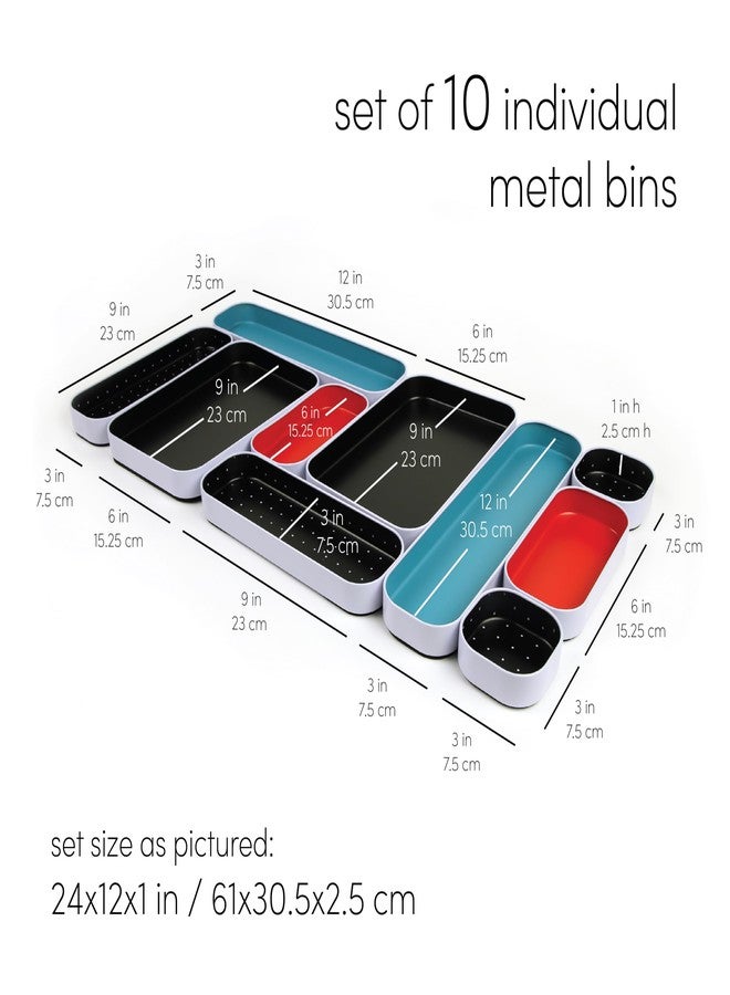 Three by Three Seattle 10 Piece Metal Organizer Tray Set for Storing Makeup, Stationery, Utensils, and More in Office Desk, Kitchen and Bathroom Drawers (1 Inch, Blue Black Red and Dots) - Image 3