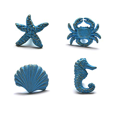 ZILucky Sea Horse Starfish Seashell and Crab Drawer Pulls Handles for Dresser Cupboard Wardrobe Cabinet Kitchen Beach Ocean Theme Knobs Pack of 4 (Blue) (Blue) - Image 1