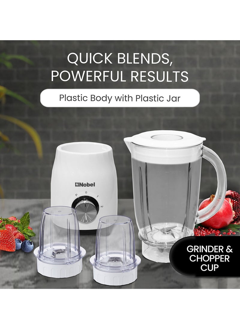 Nobel - Nobel 3 in 1 Blender Table Top 1.2 Litres Jar 350W Motor Power Plastic Body with Plastic Jar NB112L White with 1 Year Warranty - Image 1