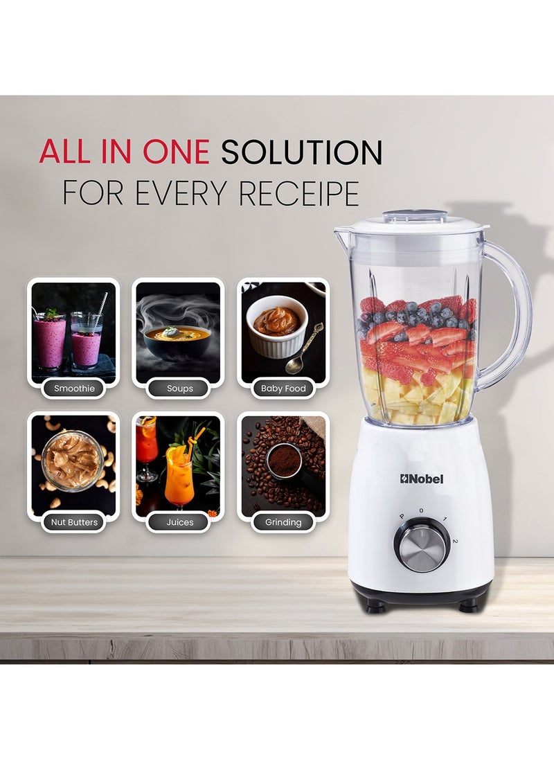 Nobel - Nobel 3 in 1 Blender Table Top 1.2 Litres Jar 350W Motor Power Plastic Body with Plastic Jar NB112L White with 1 Year Warranty - Image 1