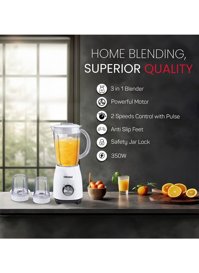 Nobel - Nobel 3 in 1 Blender Table Top 1.2 Litres Jar 350W Motor Power Plastic Body with Plastic Jar NB112L White with 1 Year Warranty - Image 1