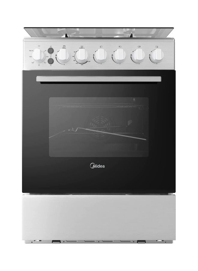 Midea Freestanding Cooker With Convection Fan Gas 4 Burners Automatic Ignition & Full Safety Cast Iron Pan Support Double Knob For Grill & Oven Control EME6060-C Silver - Image 1
