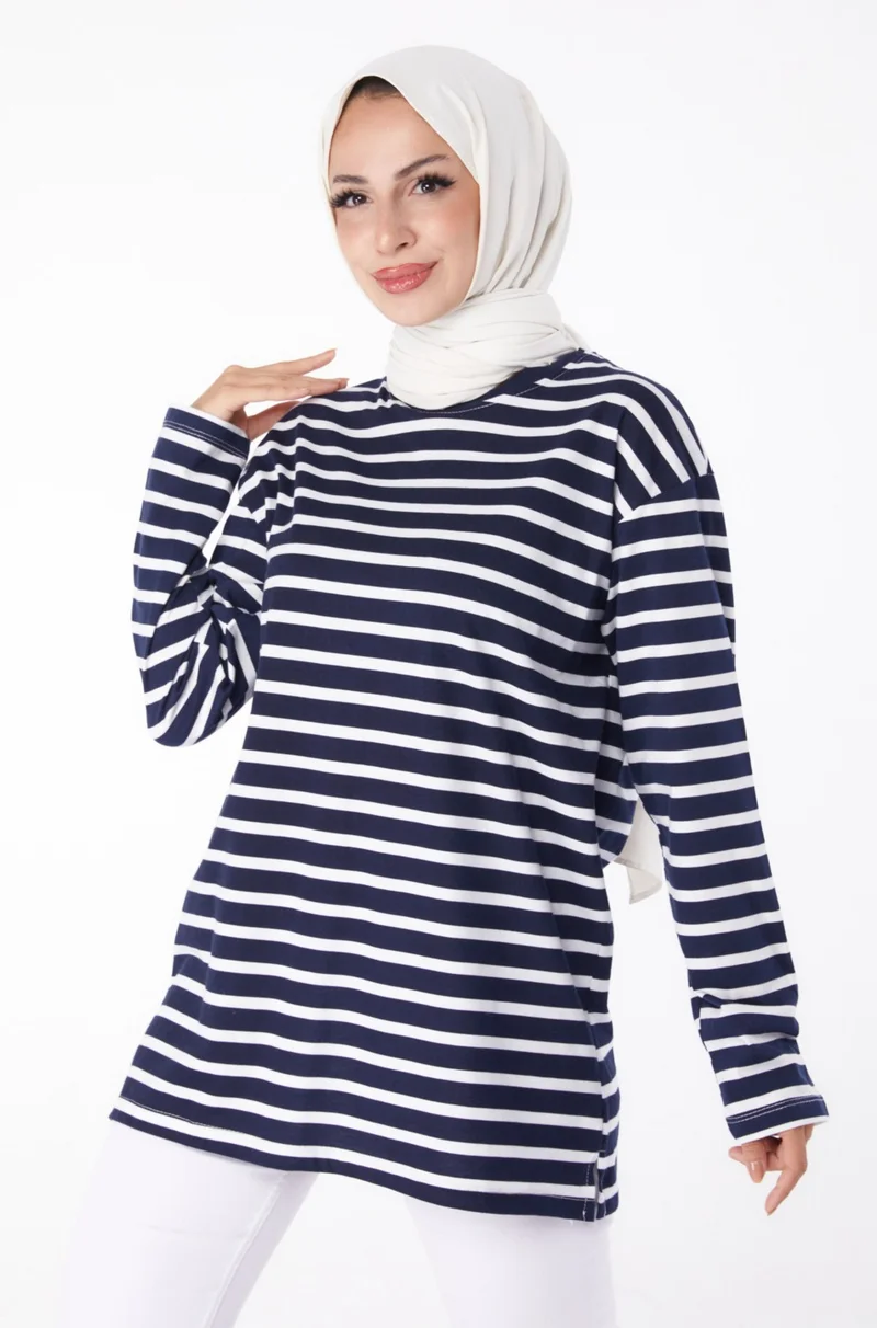 Tofisa Plain Crew Neck Women's Navy Blue Striped Sweat - 26244